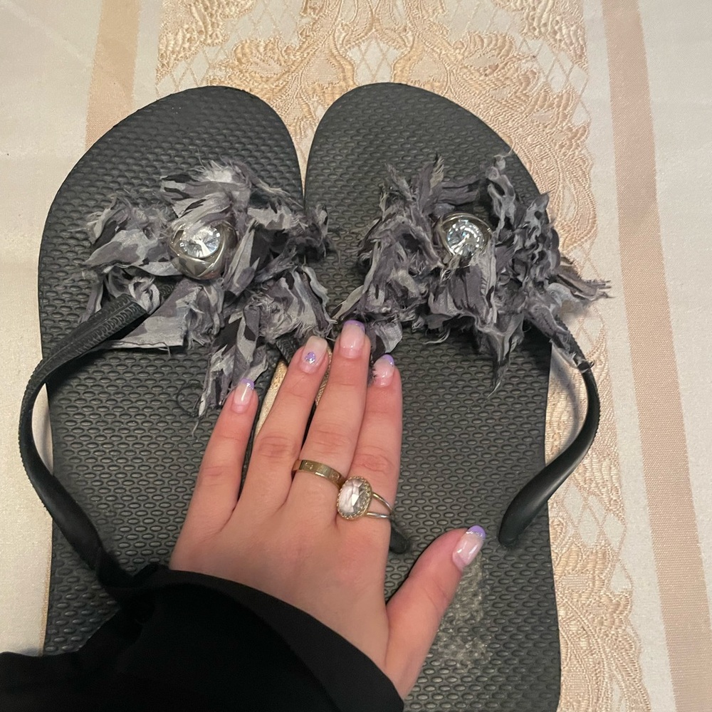 Custom black and white flip flops w stone